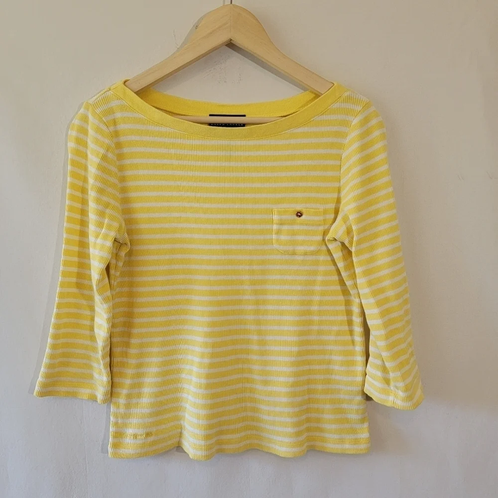 Lauren Ralph Lauren Yellow/White Striped Knit Top Sz M Boatneck 3/4 Sleeve - Picture 1 of 9